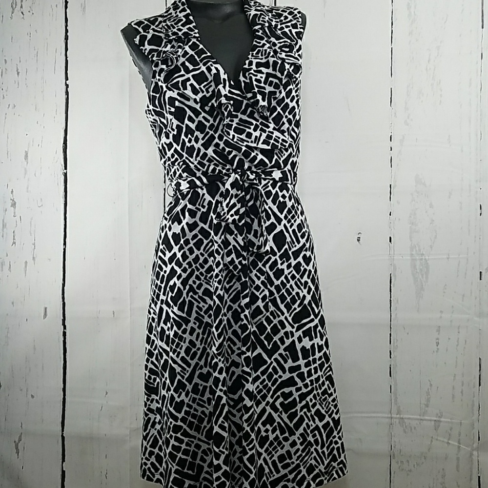 Faux Wrap V-Neck Ruffle Belted Career Dress